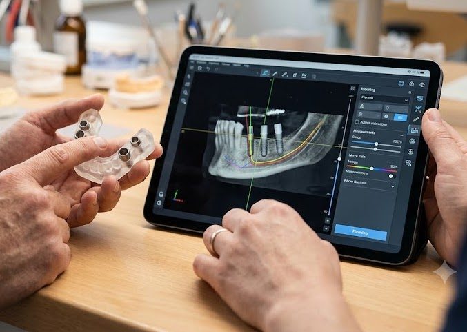 Pianificazione implantare digitale su tablet con guida chirurgica