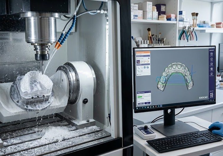 Fresatrice CAM a 5 assi e software CAD exocad nel laboratorio Officine Dentali